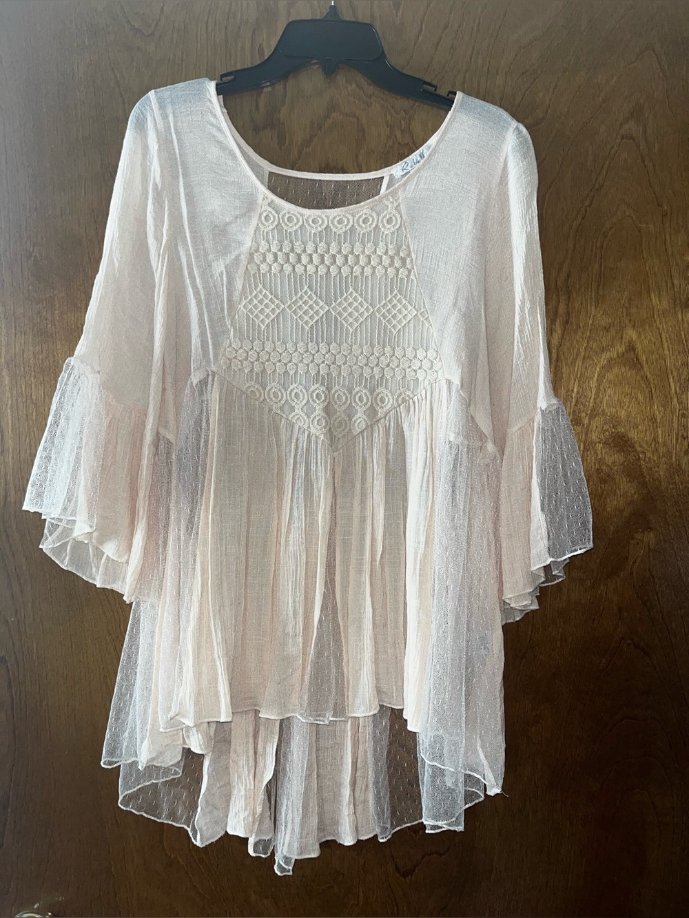 Rebellion Sheer Lace-Front Flutter Sleeve Tunic in Light Pink